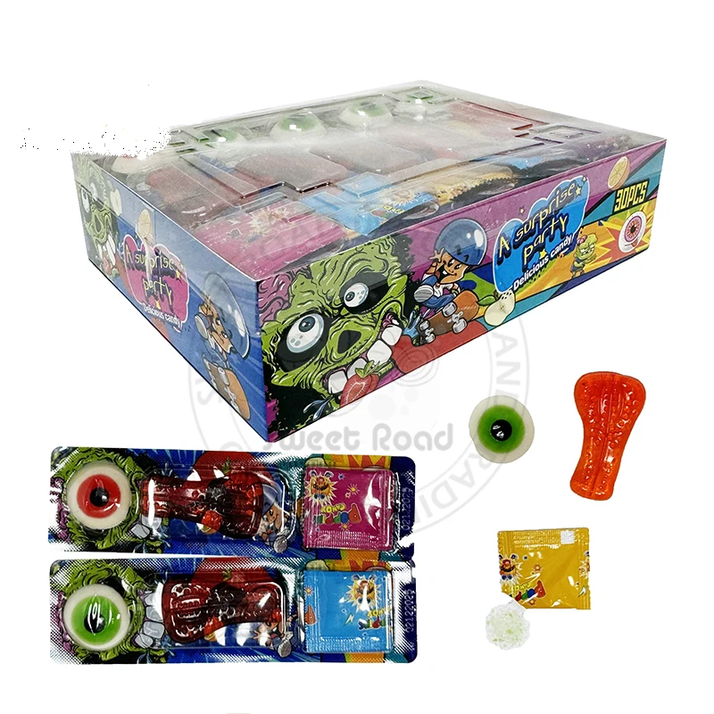 Surprise party eyes and tongue gummy candy with popping candy