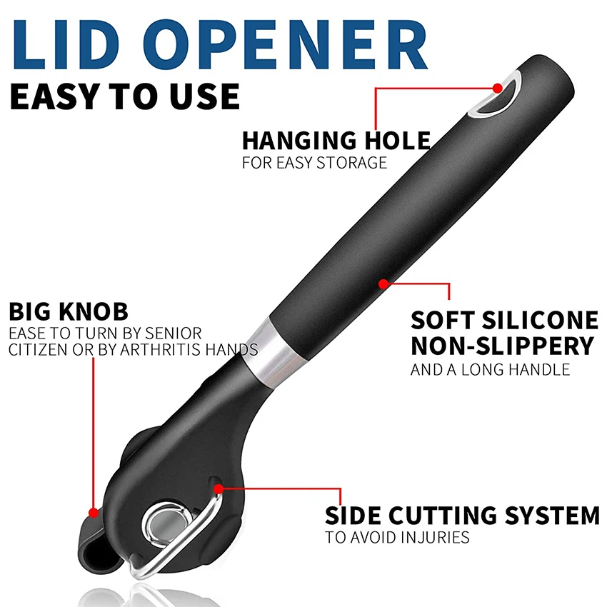 Smooth Touch Stainless Steel Black Manual Jar Can Tin Opener