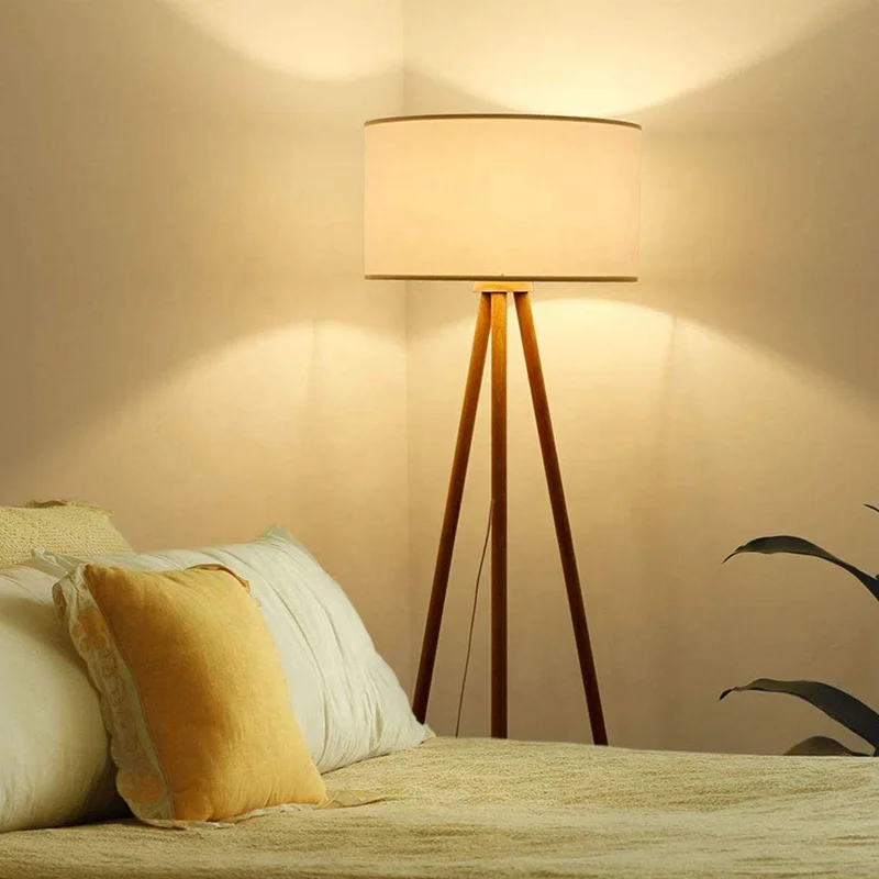 
Домашняя Напольная Лампа для спальни, тренога, деревянная основа, для гостиной, теплый цилиндрический напольный светильник с абажуром из ткани E27 