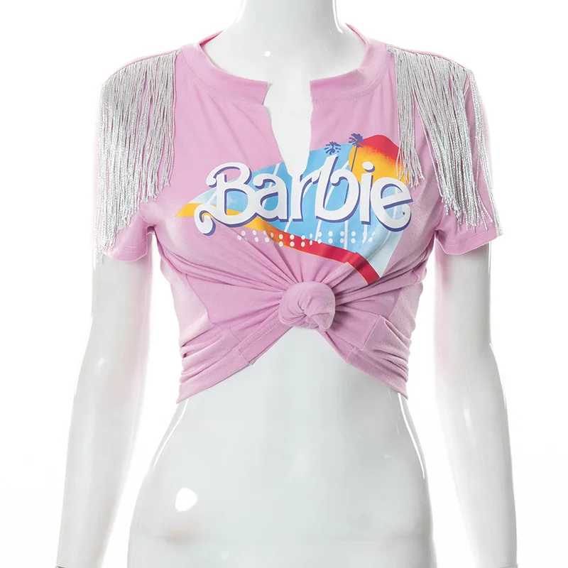 Fashion Women Y2k Clothing 2022 Summer Vintage Printed Hip Hop Street Casual Tassel Short Sleeve Graphic T Shirt