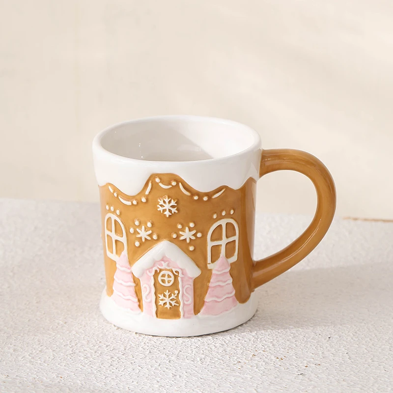 Wholesale Custom Cartoon handmade gingerbread man Christmas House embossed 3d Large Capacity Ceramic Cup Christmas Mug