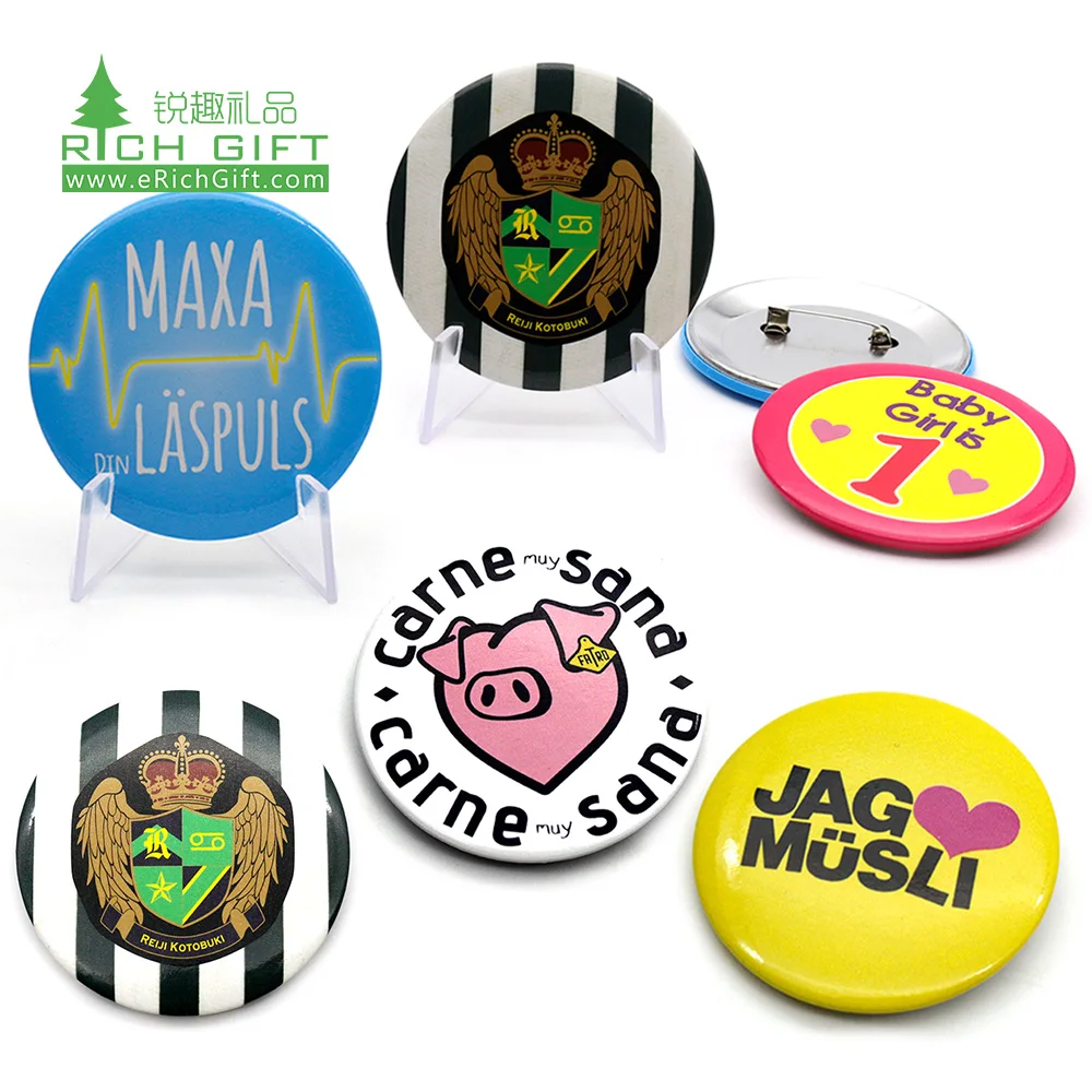 wholesale maker 32mm white plastic back badge logo holographic flashing cartoon tinplate round custom button pin with safety pin