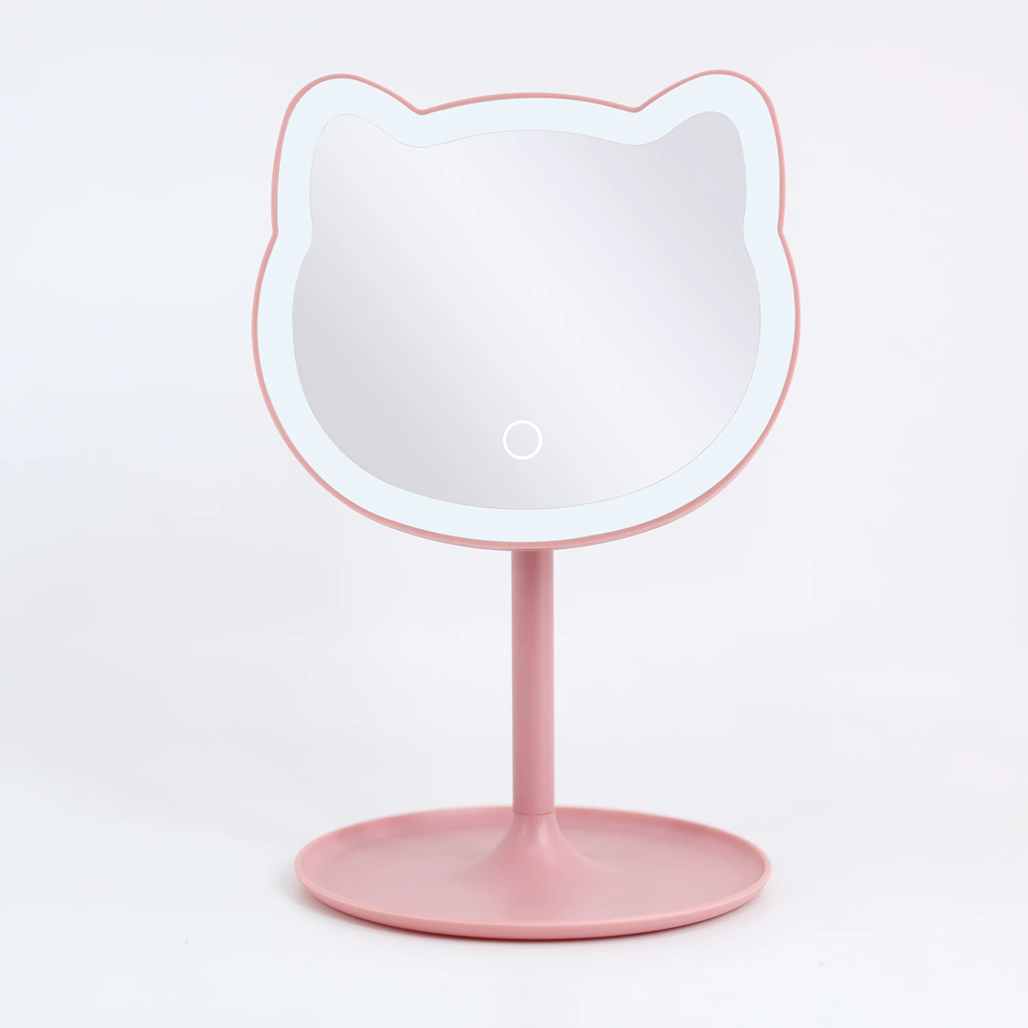 New shape Cute Cat Adjustable LED Desktop Screen Touch Round Tray Makeup Mirror with LED