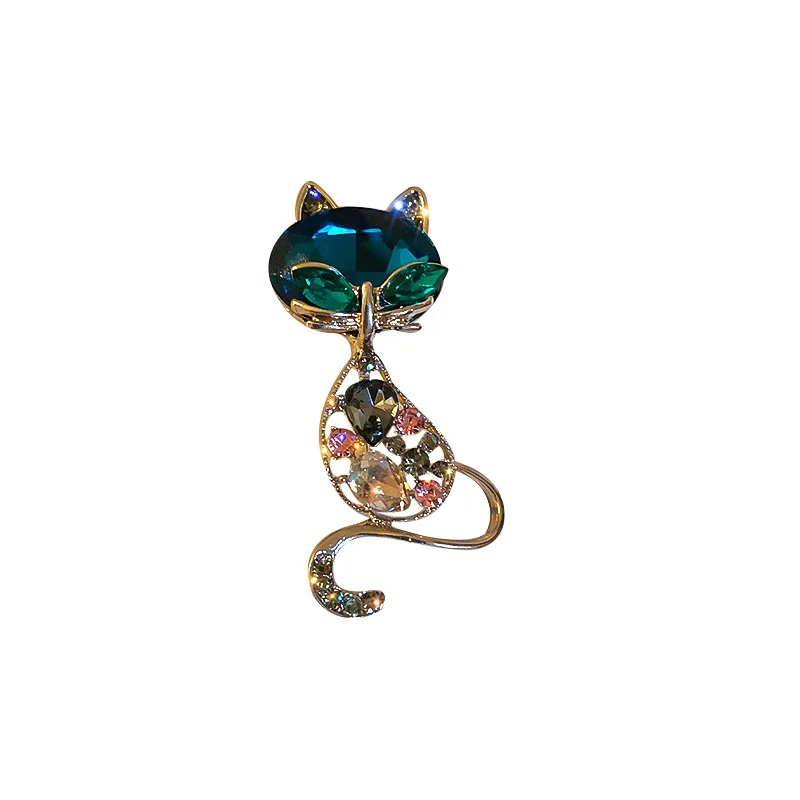 Korean Rhinestone Cat Pendant Brooches For Women Gold Color Alloy Animal Pins Fashion Crystal Corsage Everyday Accessories