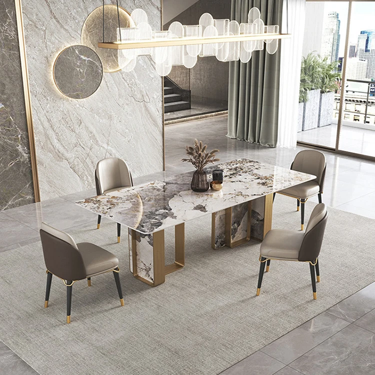 Italy design stone and stainless steel metal modern dining room furniture CC marble dining table set