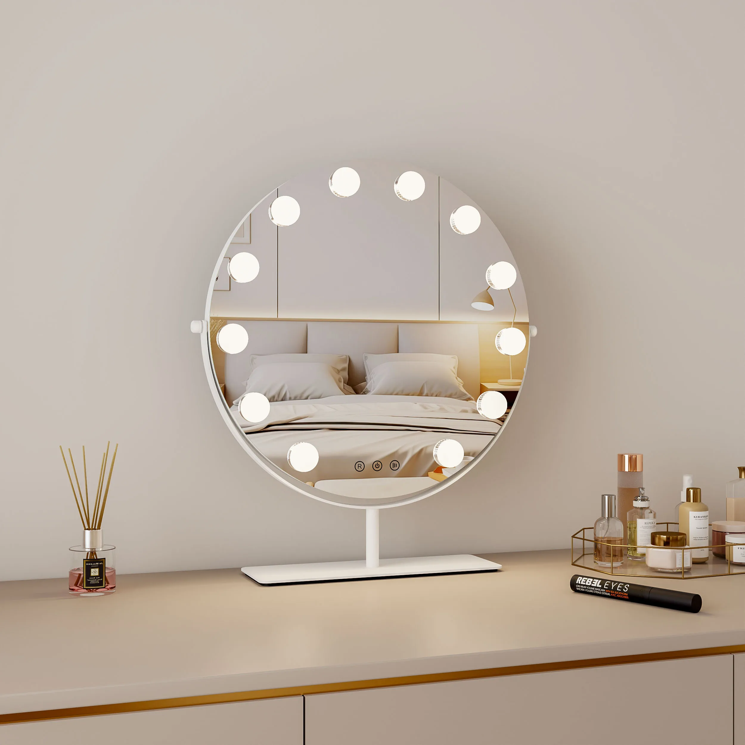 Touch Screen Round 12 Pcs G35 Dimmable Led Bulbs Tabletop Makeup Vanity Hollywood With Led Lights Bulb Cosmetic Mirror