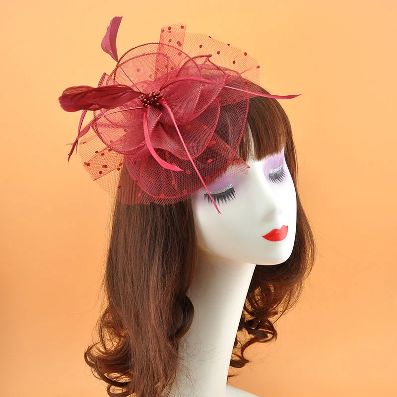 Cocktail Tea Party Feather Hair Accessories Lady Maroon Mesh Top Hats Wedding Hairpin Retro Fascinator Caps for Women