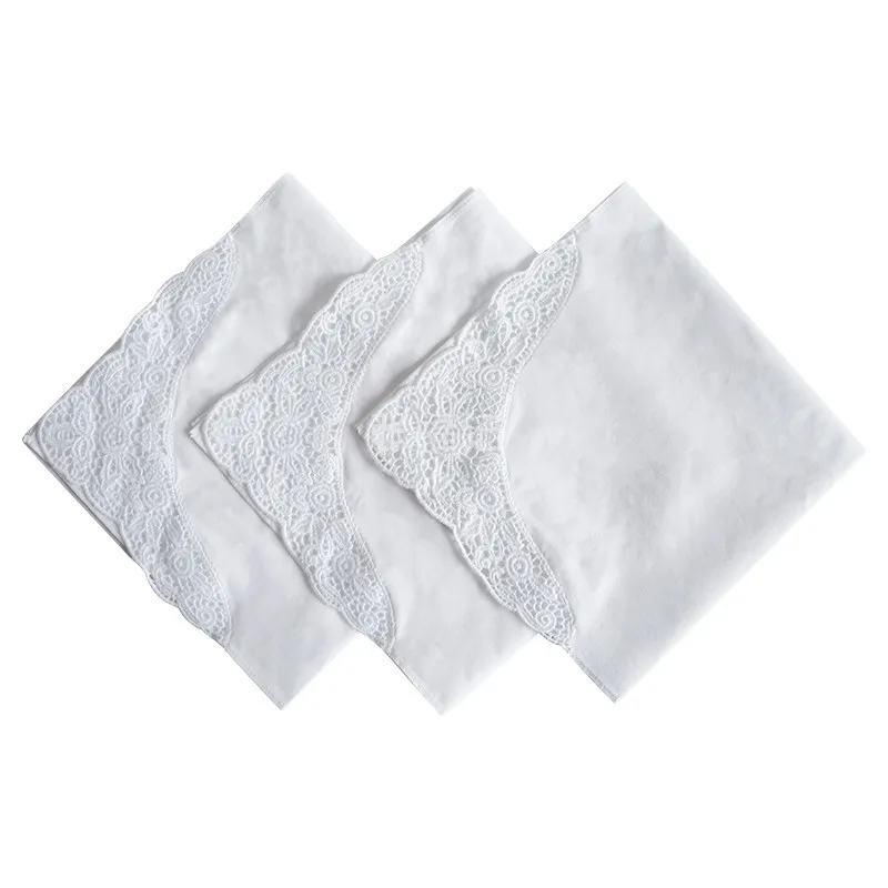 Women Wedding Gift Cotton Embroidered Customized White Handkerchief With Lace