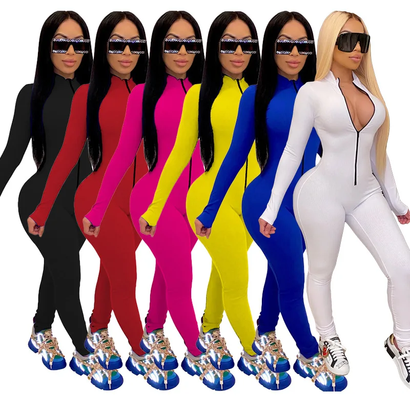 2020 fashion women outfit Custom Make New Arrival Sexy Tight Women Fashion Long Sleeves Pure Color One piece Jumpsuit
