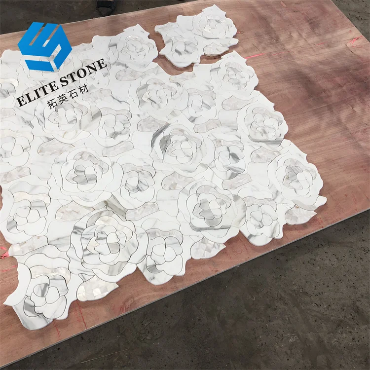 waterjet cut white marble mosaic tiles flower pattern stone mosaic for bathroom wall design