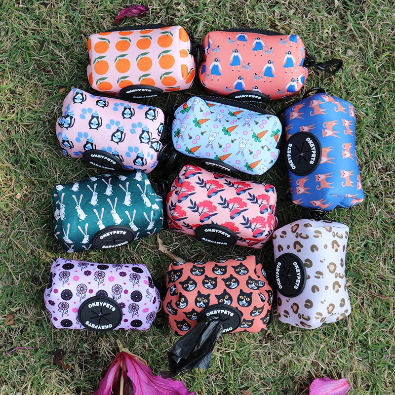 OKEYPETS Personalized Pattern Neoprene Dog Bags Poop Holder Biodegradable Eco Friendly Custom Dog Poop Bag Dispenser Fashion