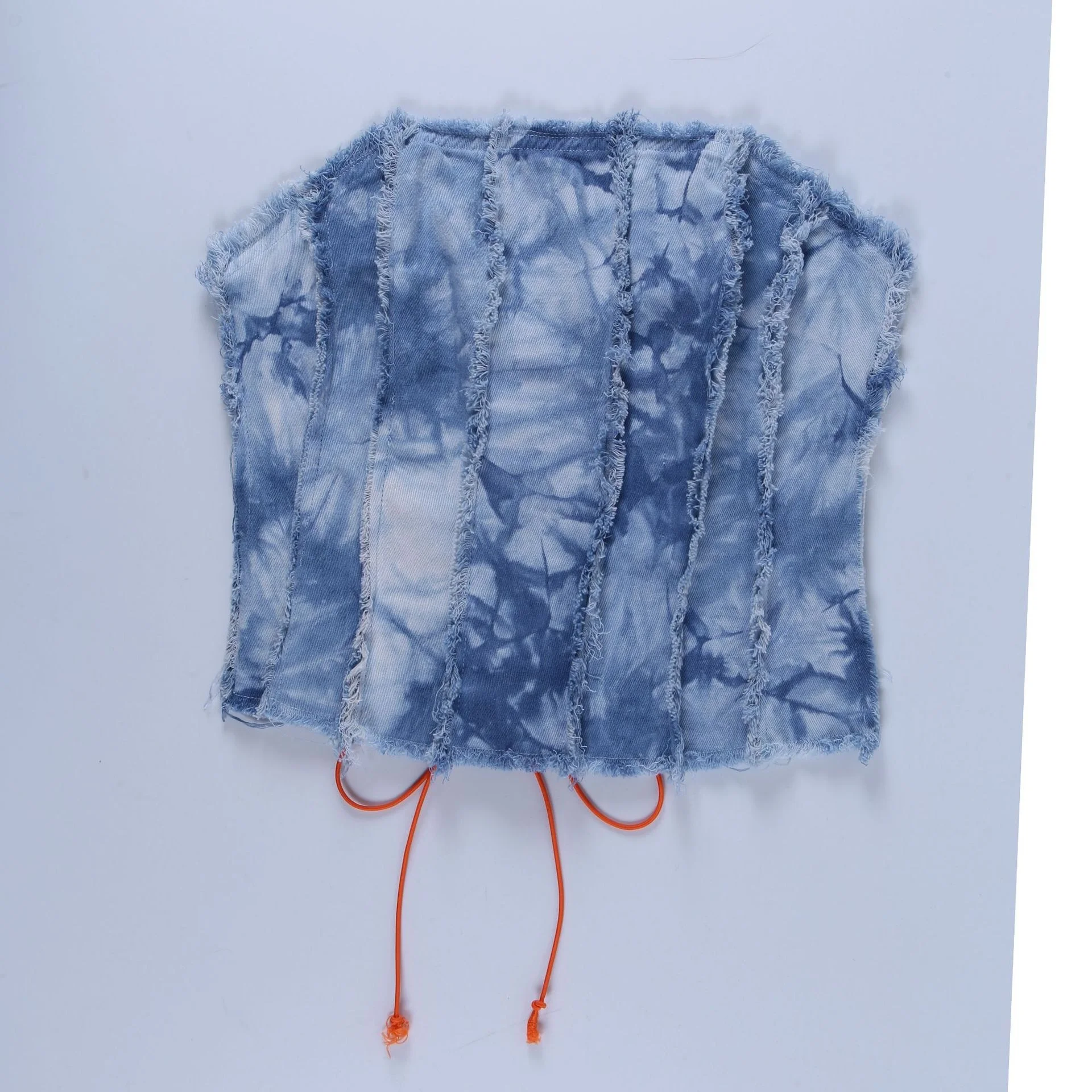 Z13174 Fashion Sexy Tie Dye Denim Camis Skinny Hollow Out Back Bandage Bustier Strapless Corset Jeans Crop Tops for Women Crop