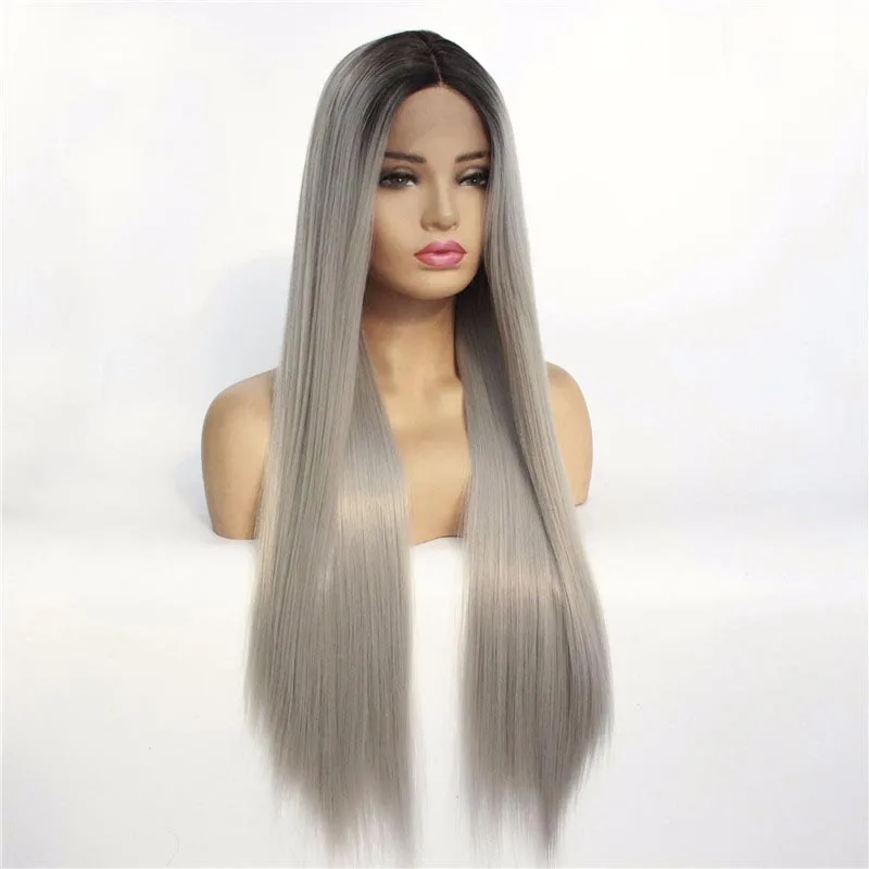 European and American mid-length straight curly hair COS gray gradient anime wig female chemical fiber headgear synthetic wig