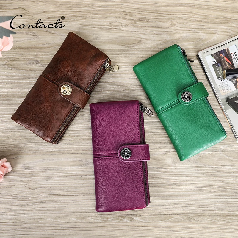 Full Grain Leather Money Bag RFID Double Zipper Phone Purse Genuine Leather Large Capacity Long Wallet With Airtag Slot
