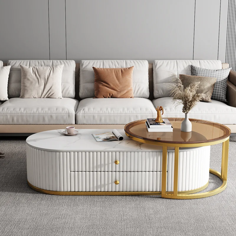 Modern Luxury Marble Top Gold Stainless Steel Frame Sectional Glass Round Coffee Table
