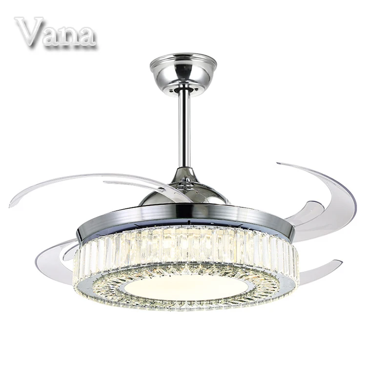 Foshan OEM Chrome Ceiling Fans Foldable Chandelier with Light and Crystals 42' Crystal Invisible Fan Ceiling Light LED Light K
