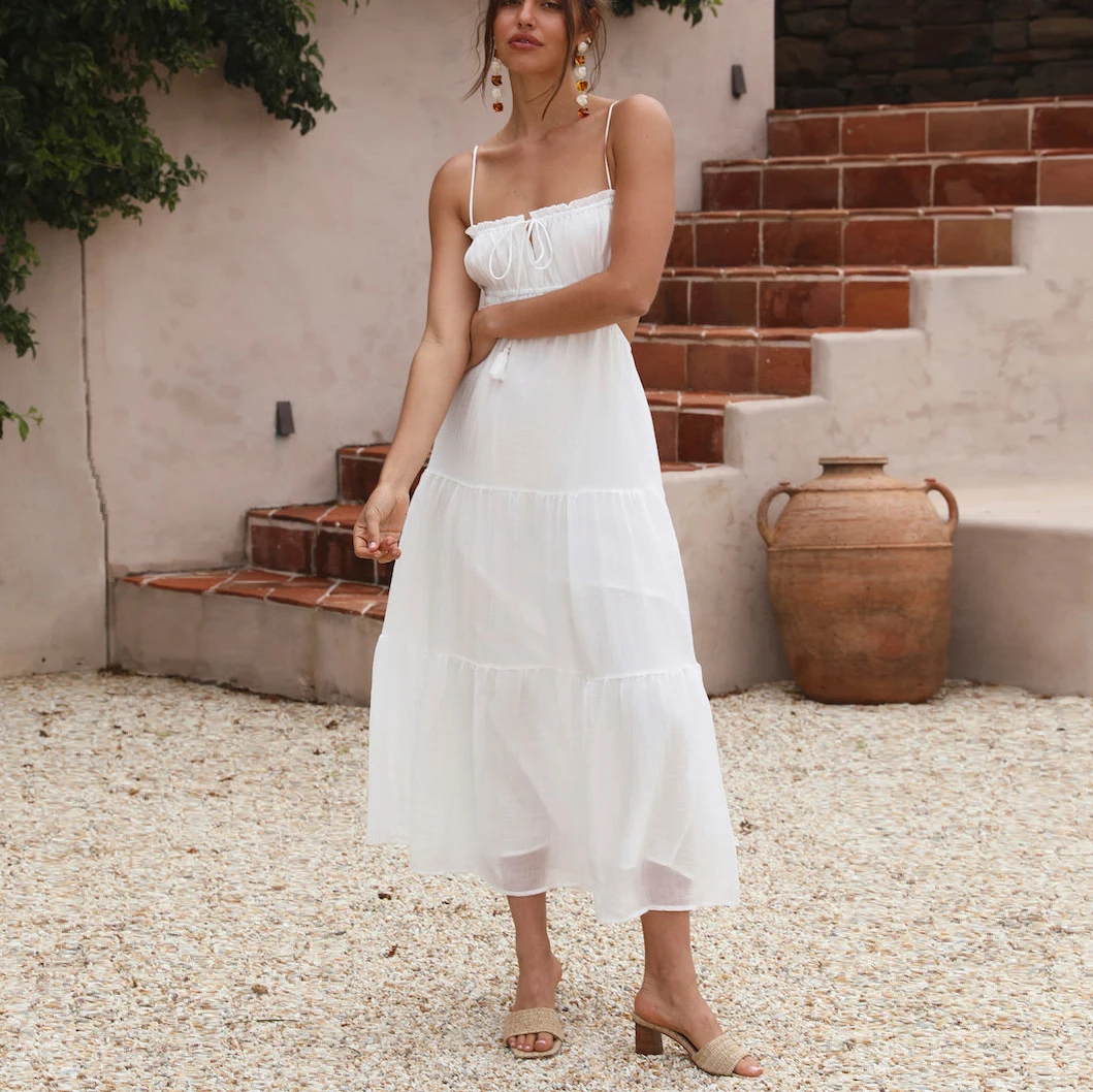 Custom Relaxed Fit Adjustable Thin Straps Tie-up Pom-like Tiered Lightweight Skirt Square-neckline Back Cutout Maxi Dress