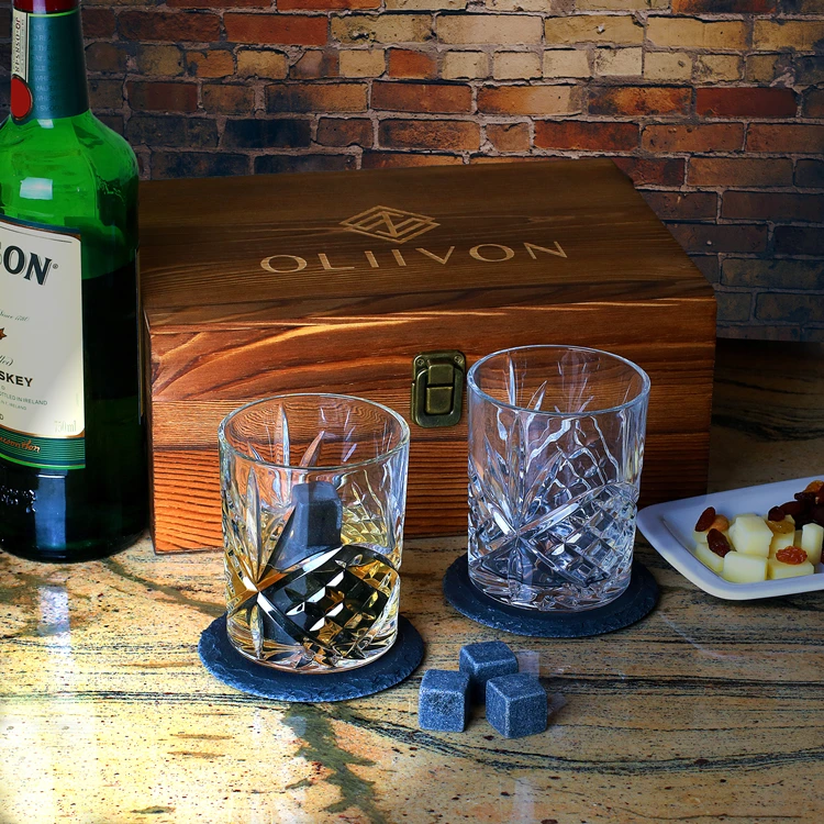 Hot Selling Vintage Creative Round Shaped Lead Free Crystal Whiskey Glass Set Wooden Gift Box For Whiskey Bourbon