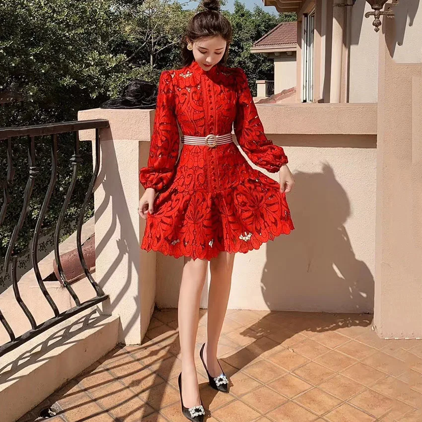  Bishop sleeve Open lace pleated hook A-line skirt commute High collar Decor Wholesale Summer Dresses