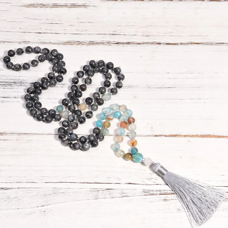 108 Mala Beads Necklace 8Mm Agate Labradorite Meditation Necklace Bohemian Hand Knotted Tassel Necklace