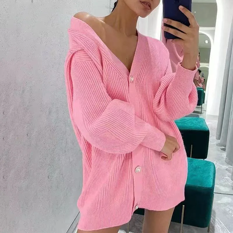 CY Casual V-neck Knitted Kimono Cardigan Women Autumn Winter Lantern Sleeve Button Female Streetwear