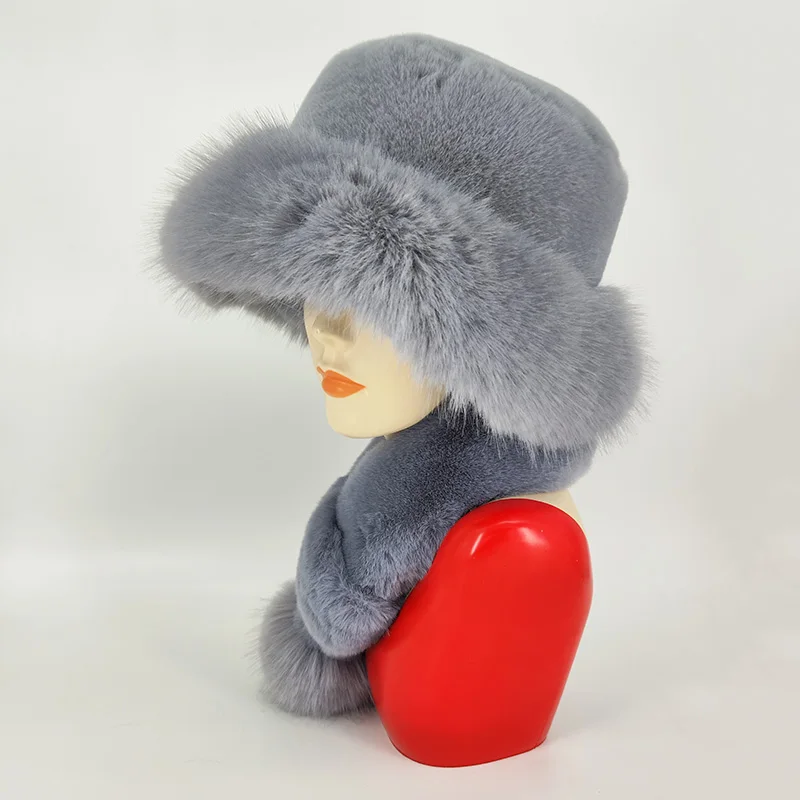 New Style Faux Fur Hat And Scarf Suit Adult Women Winter Warm Fake Rex Rabbit Fur Hat Fox Fur Ball Scarf Two-Piece Set