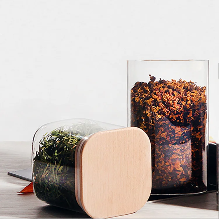 Eco-friendly clear Nut candy effervescent package High Borosilicate custom square glass storage jar with Natural Bamboo Lids