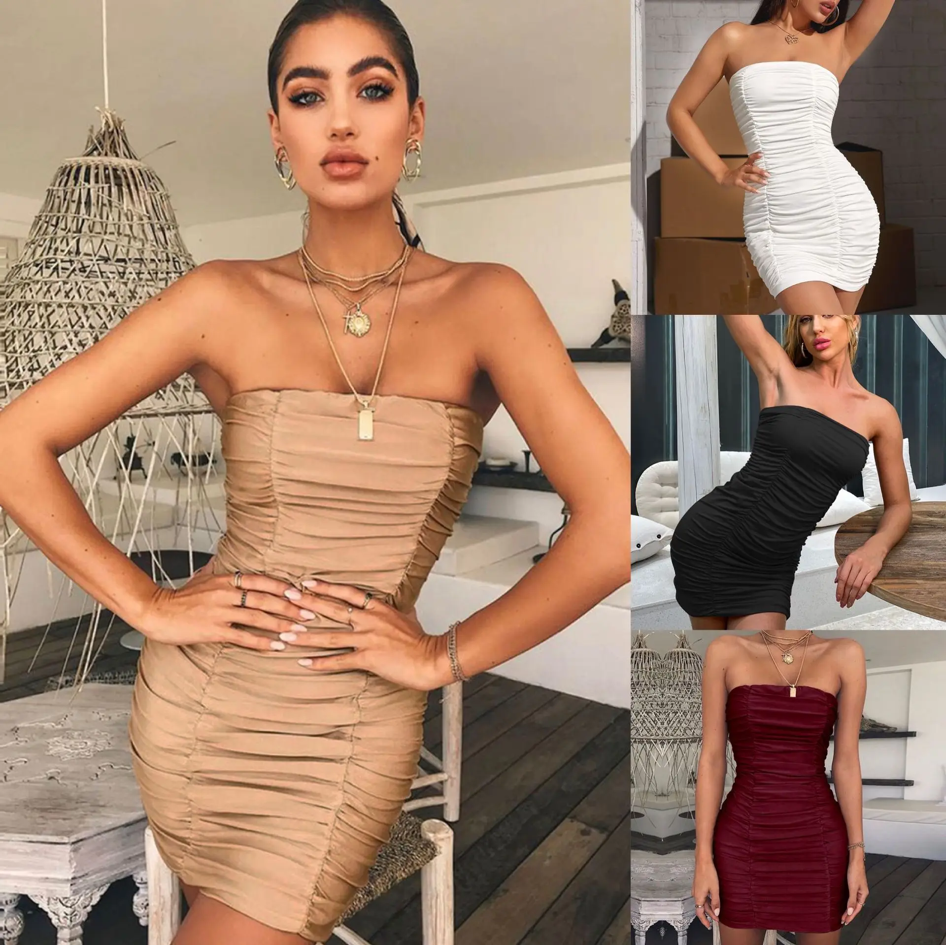 
Coldker 2021 Off Shoulder Backless Sexy Strapless Dress Women Ruched Club Party Mini Bodycon Summer Dress Vestidos 