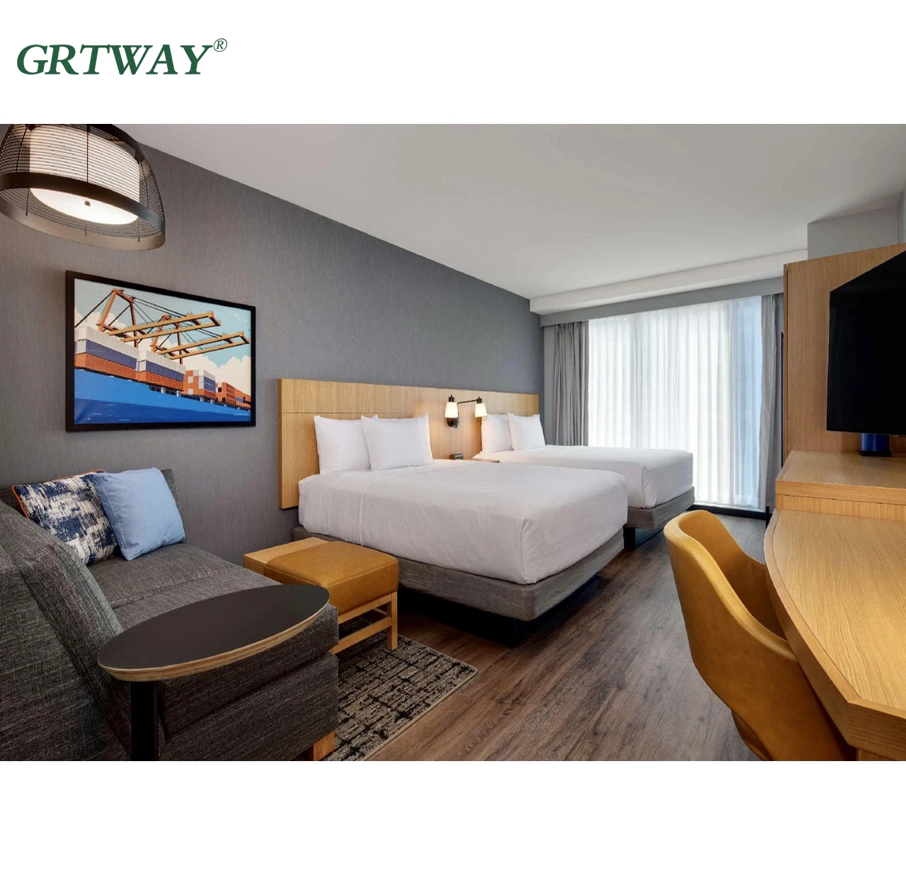 
 Мебель для гостиничной кровати GRT5064, современный дизайн, мягкие кровати, спальные комплекты большого размера, деревянная мебель для отеля  