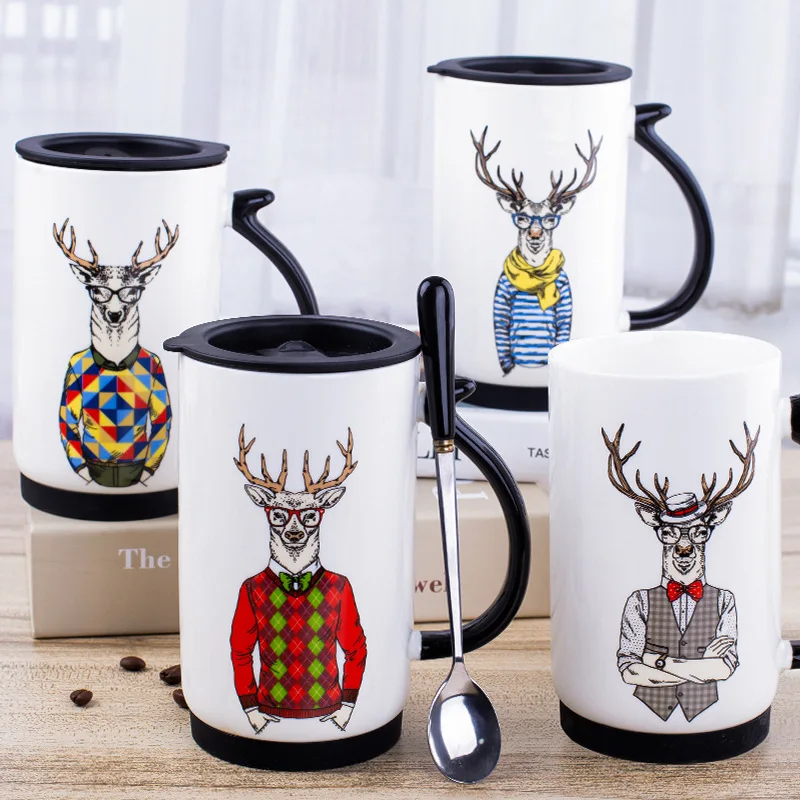 600ml Creative Elk Cat Coffee Ceramic Mug With Lid Spoon Home Office Couple Business Large Capacity Milk Tea Water Cup Wholesale
