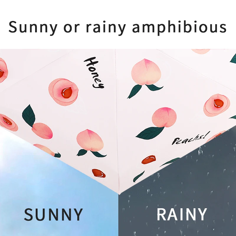 All-in-one 5 Folding Mini Pocket Capsule  Umbrella UV protection Pongee black coating  with Fruit Printing foldable umbrella