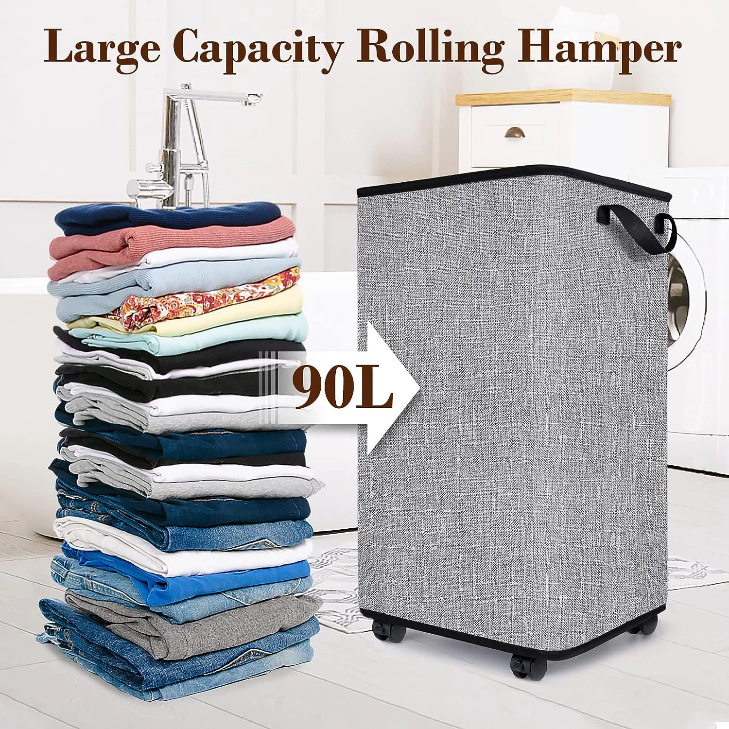 KUYUE Large Rolling Folding Laundry Hamper, Laundry Hamper With Wheels And Handle