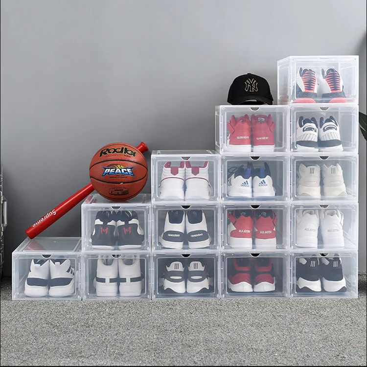 Stackable combination hard sports shoes transparent plastic box with foldable shoe rack clear storage boxes organizer