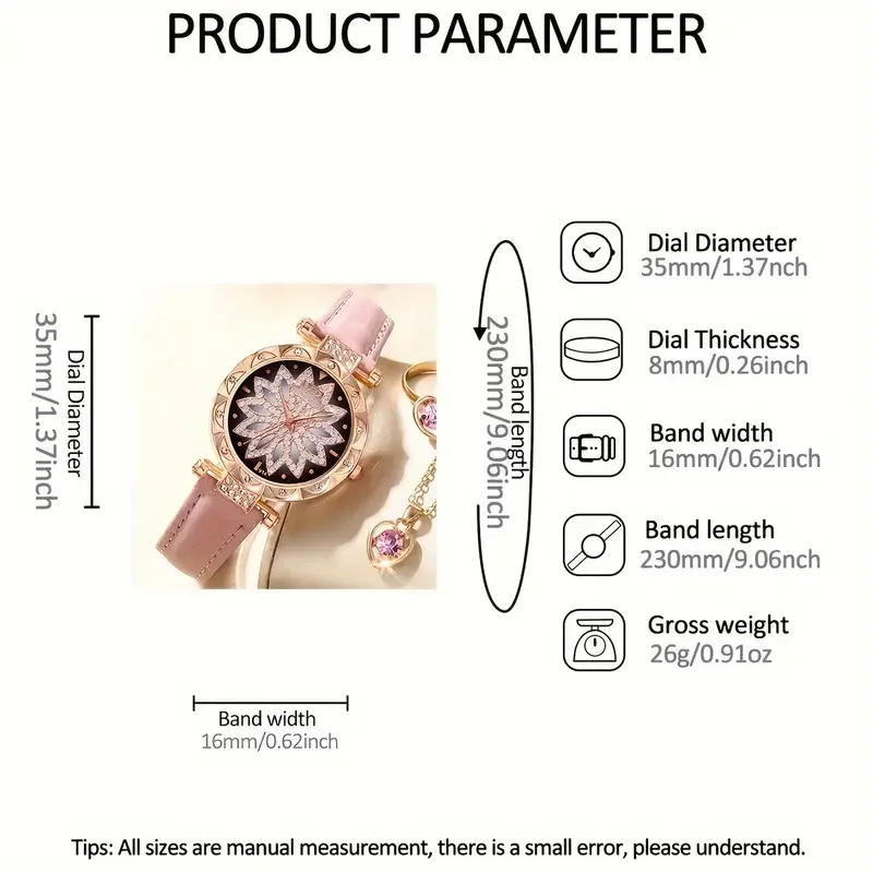 192045  7pcs Quartz Watches For Women Pu Leather Wrist Watch Alloy Pointer Jewelry Set