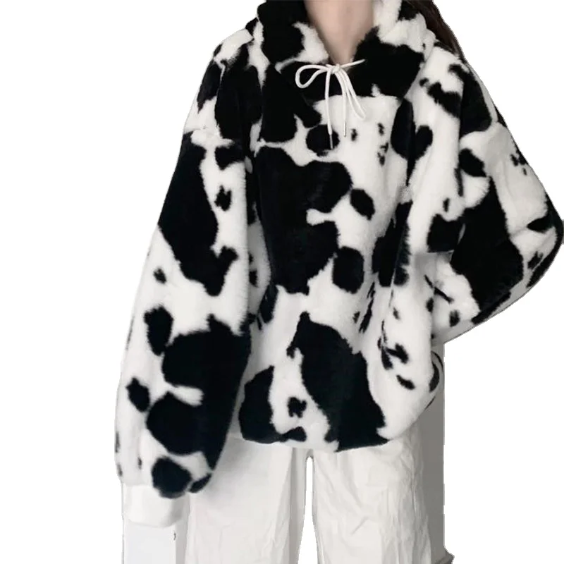 Black and white cow sheep wool coat female qiu dong season in 2022, han edition easy to add new hair thickening cotton-padded ja