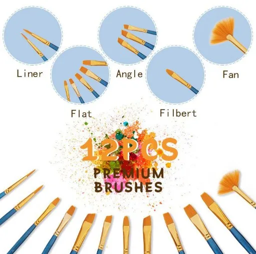 12 Pieces Paint Brushes, Artist Paint Brushes Sets for Watercolor Acrylic & Oil Paintings Perfect for Painting Canvas, Ceramic