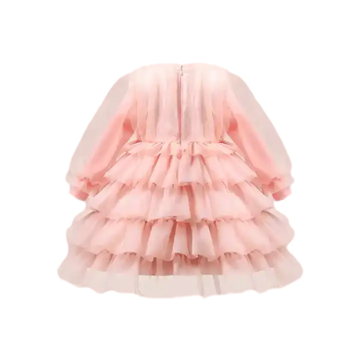Customizable New Style Pink Cute Tulle Cake Dress Sweet Girl Dress Long Sleeve Kids Children Dresses for 2 to 12 Years