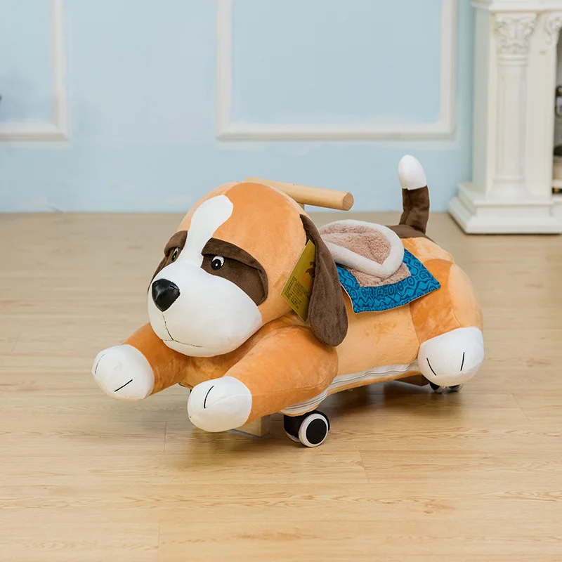 Material Cartoon Stuffed Animal Riding Cow Dog Toy On Wheel Plush Soft Baby Toddler Rocking Cartoon Sliding Ride On Toy