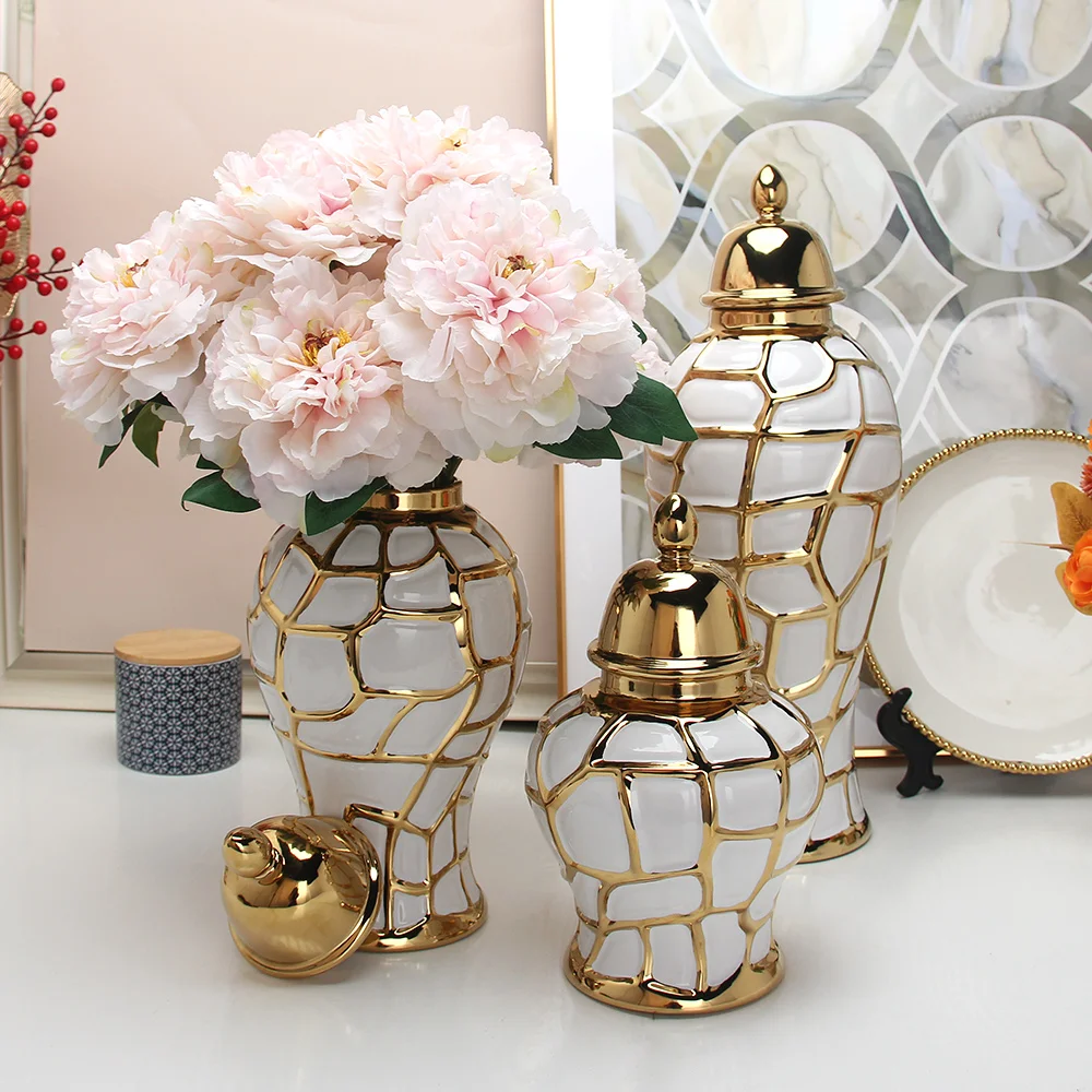 J198 ceramic gold ginger jar new design temple jar sets hot sale home decor vase