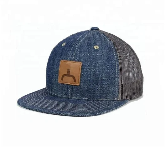 Custom Black Cotton Twill Trucker Mesh Caps Hats with Leather Patch Logo