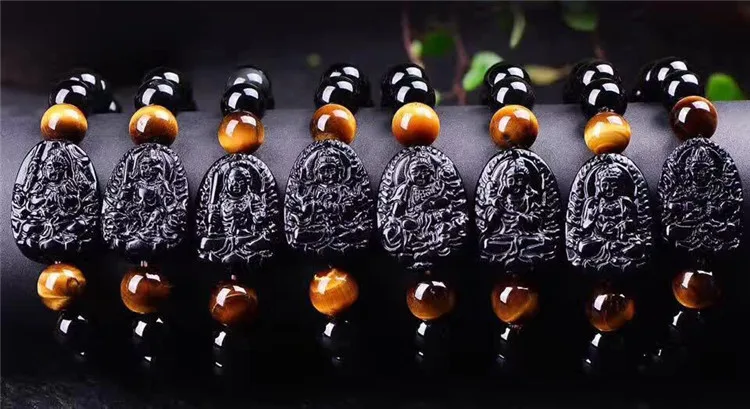 Natural Obsidian Carving Eight Patron Saint Lucky Amulet 10mm Round Bead Bracelet For Women Men Bracelet