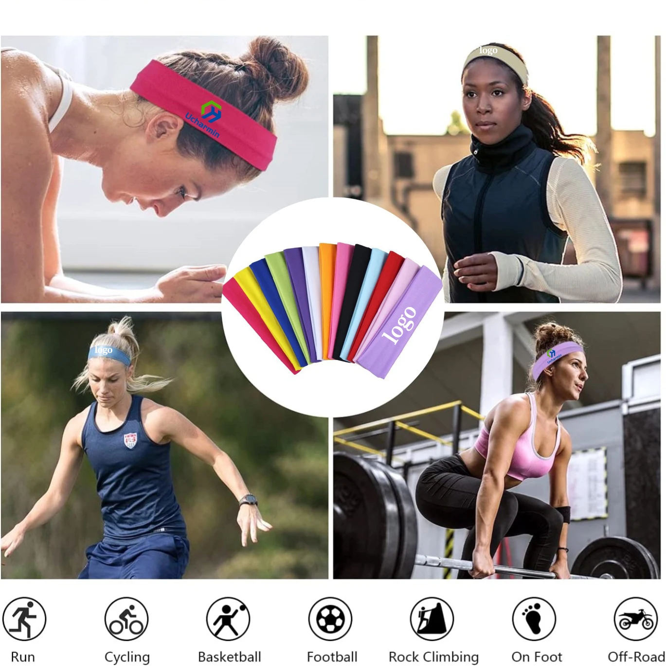 Factory wholesale custom logo printed sports headband for women men yoga running tennis fitness elastic sweatbands