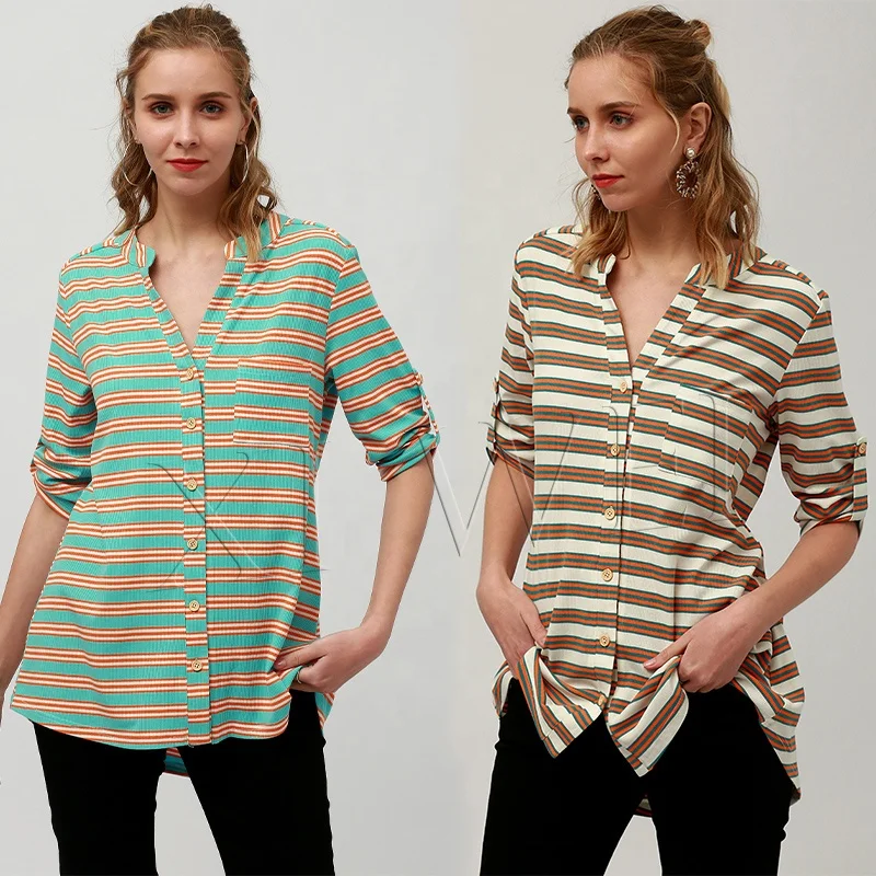 Высококачественная окрашенная пряжа полосатая пуговица с отворотом Женская Повседневная офисная Модная рубашка большого размера с рукавом средней длины