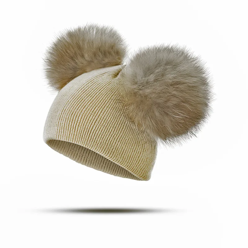  solid color plain detachable double ball newborn winter hats with pom baby beanie