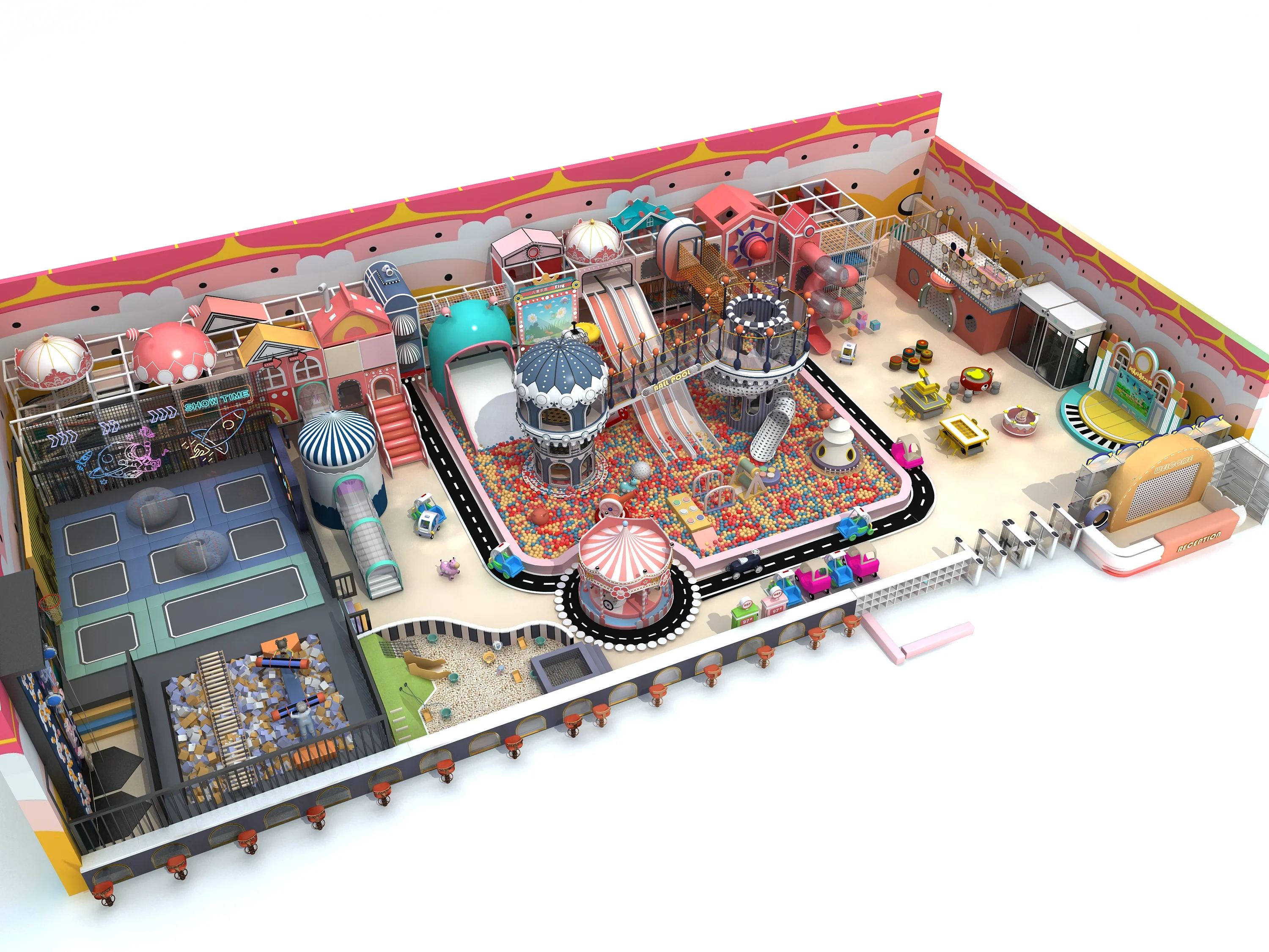 Pokiddo Custom Design Indoor playground trampoline park with Laser Tag Gun battle game for kids adults Tram mazepoline park maze