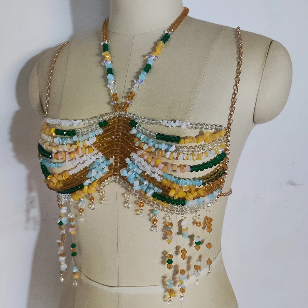 Latest Fashion Sexy Beach Music Festival Gemstone Halter Vest Halter Hollowed Body Chain Beaded Vest Top Bras