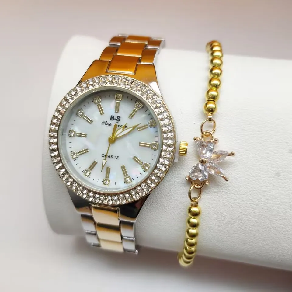 Ladies Wrist Watches Dress Gold Watch Women Crystal Diamond Watches Bracelet Set Stainless Steel Silver Clock Women WW058