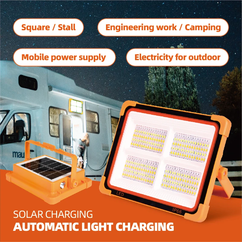 Hot Selling Solar Emergency Flood Lamp 300w 20000mah Outdoor Portable Led Work Lights 5000lm Solar Panel Rechargeable Solar Camp