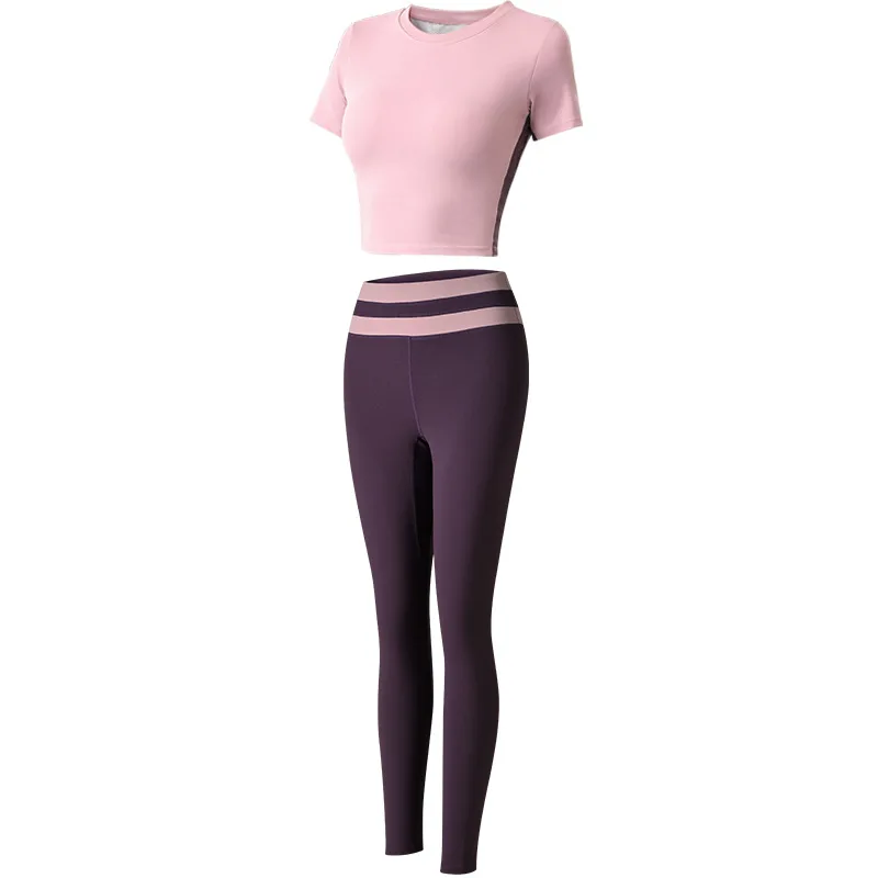
Dropshipping 2021 new fitness sports short sleeved T-shirt top high waist leggings set Fitness biker pants yoga set for women 