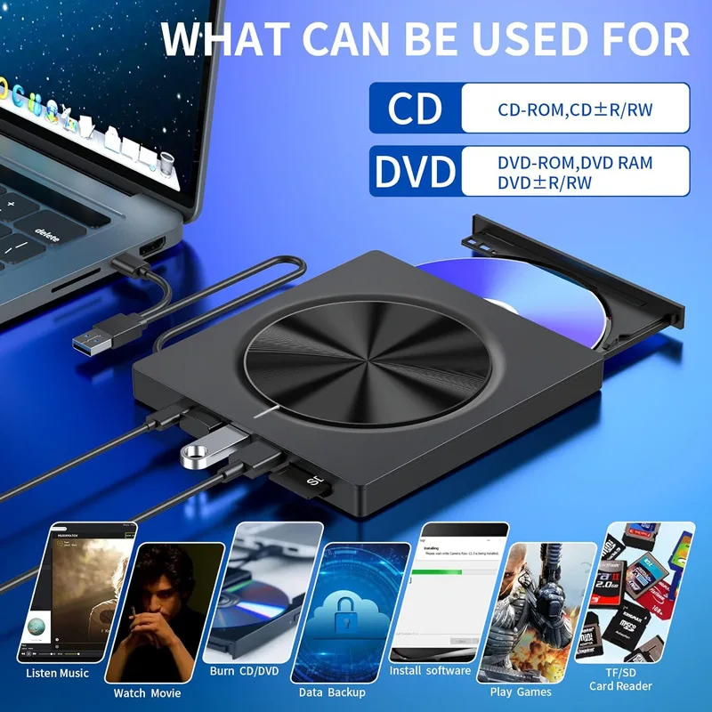 USB 2.0 Slim Portable External CD-RW Drive DVD-RW Burner Writer Player for Laptop Notebook PC Desktop External CD DVD Drive
